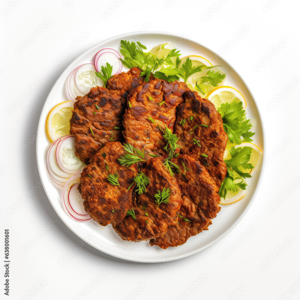 Shami Kebab Pakistani Dish On Plate On White Background Directly Above View