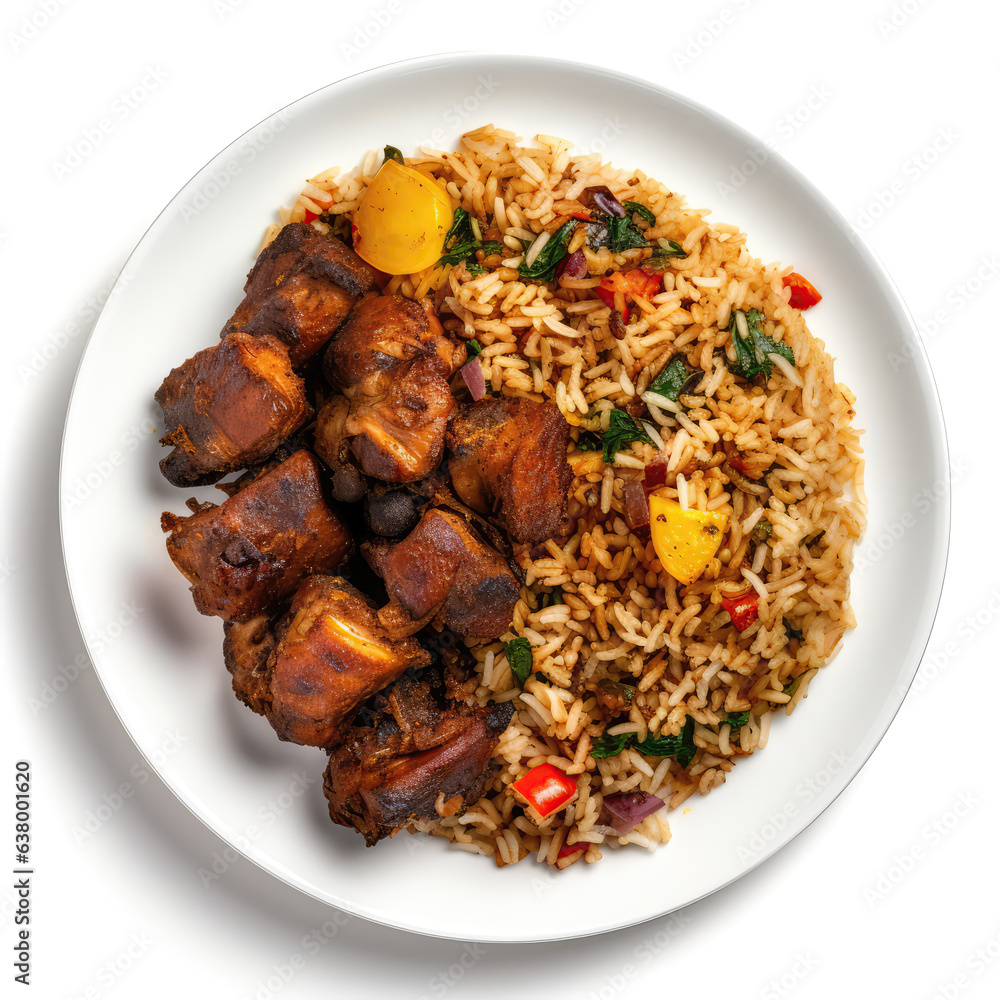 Ofada Rice Nigerian Dish On Plate On White Background Directly Above View