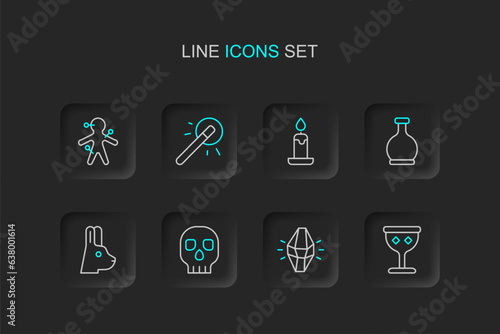 Set line Medieval goblet, Magic stone, Skull, Rabbit with ears, Bottle potion, Burning candle, wand and Voodoo doll icon. Vector