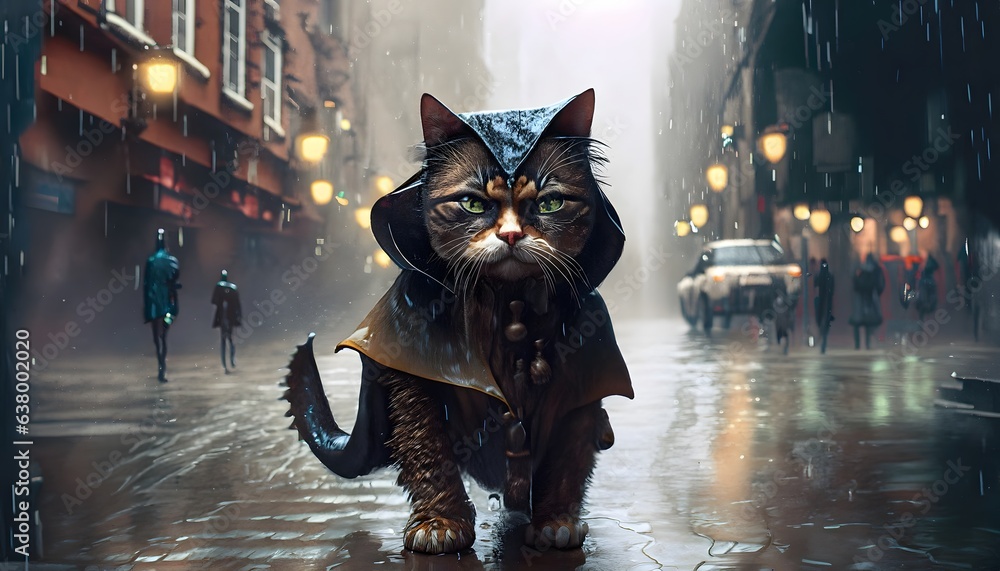 Cat roaming the city streets in the rain. pet, kitten, feline, cute, domestic, eyes, fur, sweet, looking.