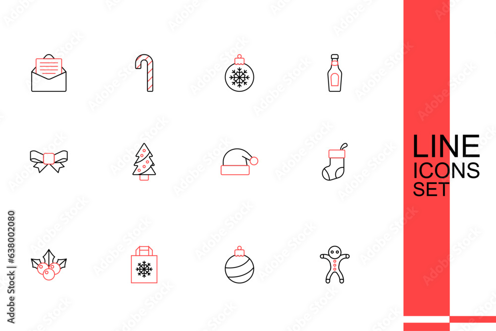 Set line Holiday gingerbread man cookie, Christmas ball, shopping bag, Branch viburnum, stocking, Santa Claus hat, tree and Gift bow icon. Vector Set line Holiday gingerbread man cookie, Christmas ball, shopping bag, Branch viburnum, stocking, Santa Claus hat, tree and Gift bow icon. Vector