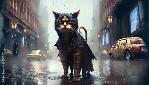 Cat roaming the city streets in the rain. Pet, kitten, feline, cute, domestic, eyes, fur.