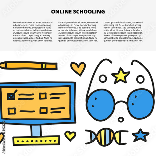 Article template with doodle colored education icons.