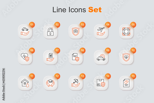 Set line Marriage contract, Delivery security with shield, Umbrella in hand, Education grant, House flood, Life insurance, Car and Contract icon. Vector