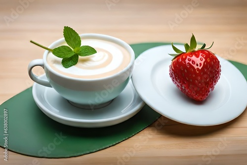 cream coffee with ripe fresh red strawberries
