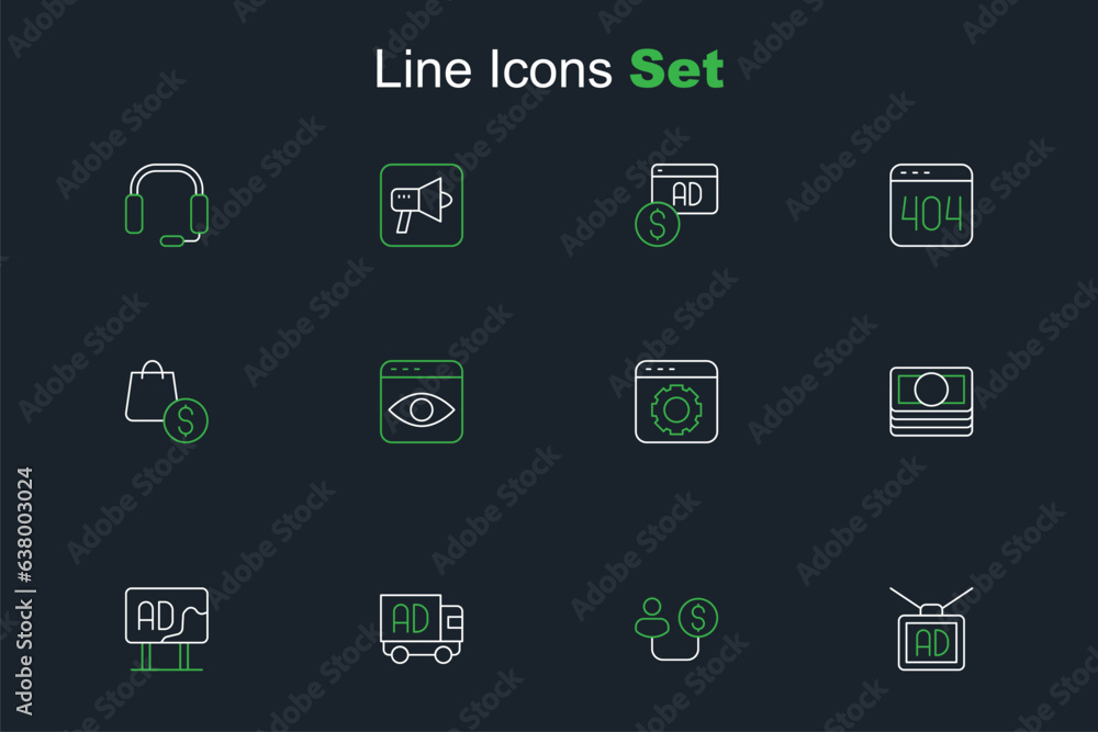 Set line Advertising, Human and money, truck, Stacks paper cash, Browser setting, Personal information collection and shopping bag dollar icon. Vector