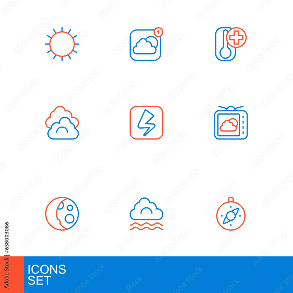 Set line Compass, Fog and cloud, Moon phases, Weather forecast, Cloud, Lightning bolt, Thermometer and app icon. Vector Set line Compass, Fog and cloud, Moon phases, Weather forecast, Cloud, Lightning bolt, Thermometer and app icon. Vector
