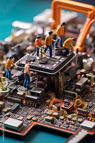 Generative AI illustration of Tiny workers repairing a computer motherboard.Digital art