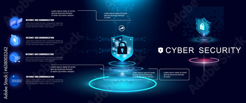 Concept of security and protection. High technology and cyber security. Futuristic cyber system against malware and hacking. Holographic security shield