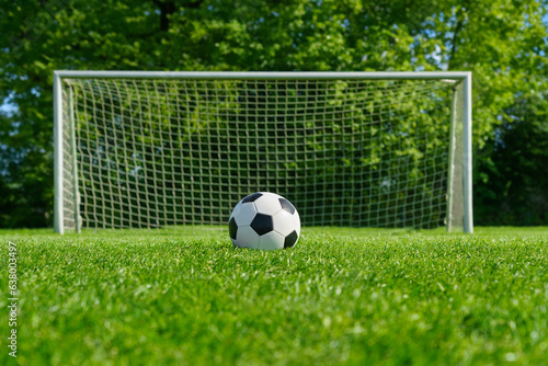 textured soccer game field with ball in front of the soccer goal. - center, midfield © Igor