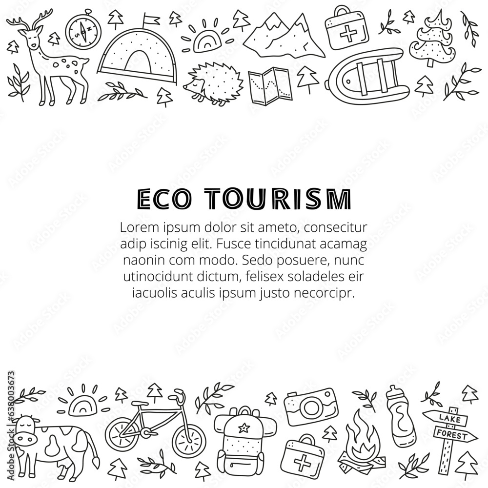 Poster with doodle outline eco tourism icons. Poster with doodle outline eco tourism icons.