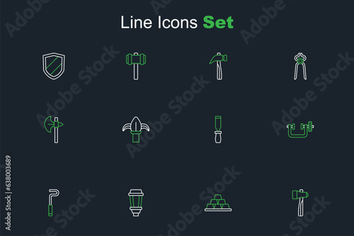 Set line Hammer  Gold bars  Garden light lamp  Fire poker  Clamp and screw tool  Rasp metal file  Classic iron fence and Medieval axe icon. Vector