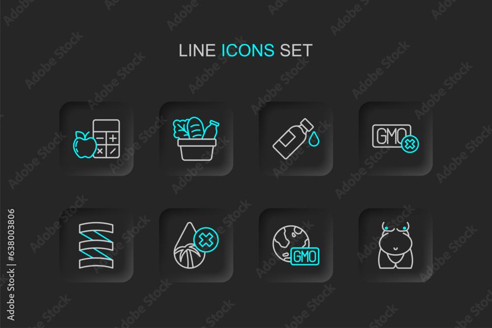 Set line Obesity, GMO, Palm oil free, Sports nutrition proteine, No, Bottle of water, Shopping bag and food and Calorie calculator icon. Vector