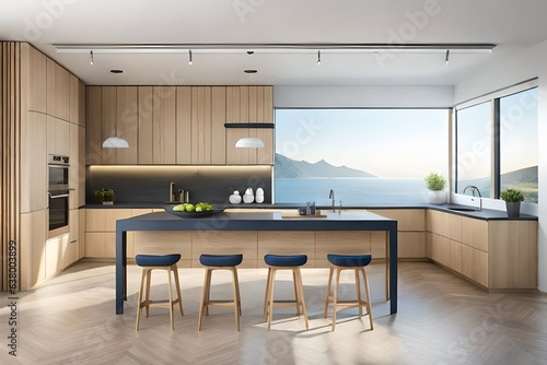 Modern wooden kitchen with wooden details and panoramic window, white and blue minimalistic interior design, sunset sunrise panorama, 3d illustration