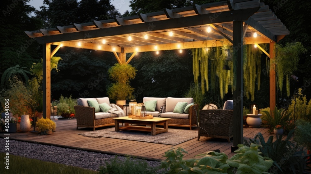 Fototapeta premium A pergola surrounded by greenery, gravel on the ground, simple patio furniture, string lights, night. Generative AI
