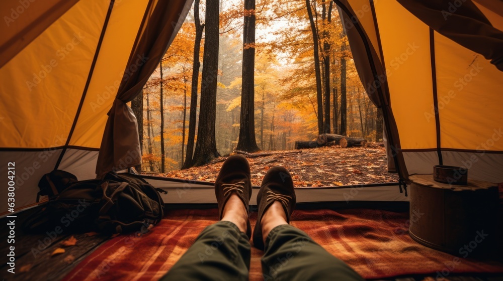 A person laying in a tent with their feet up