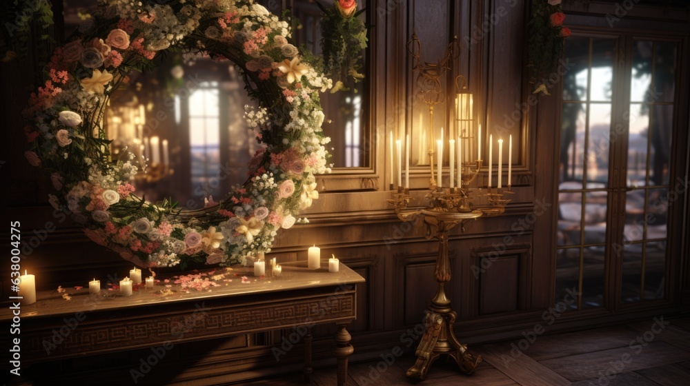 A wreath of flowers and candles in front of a mirror