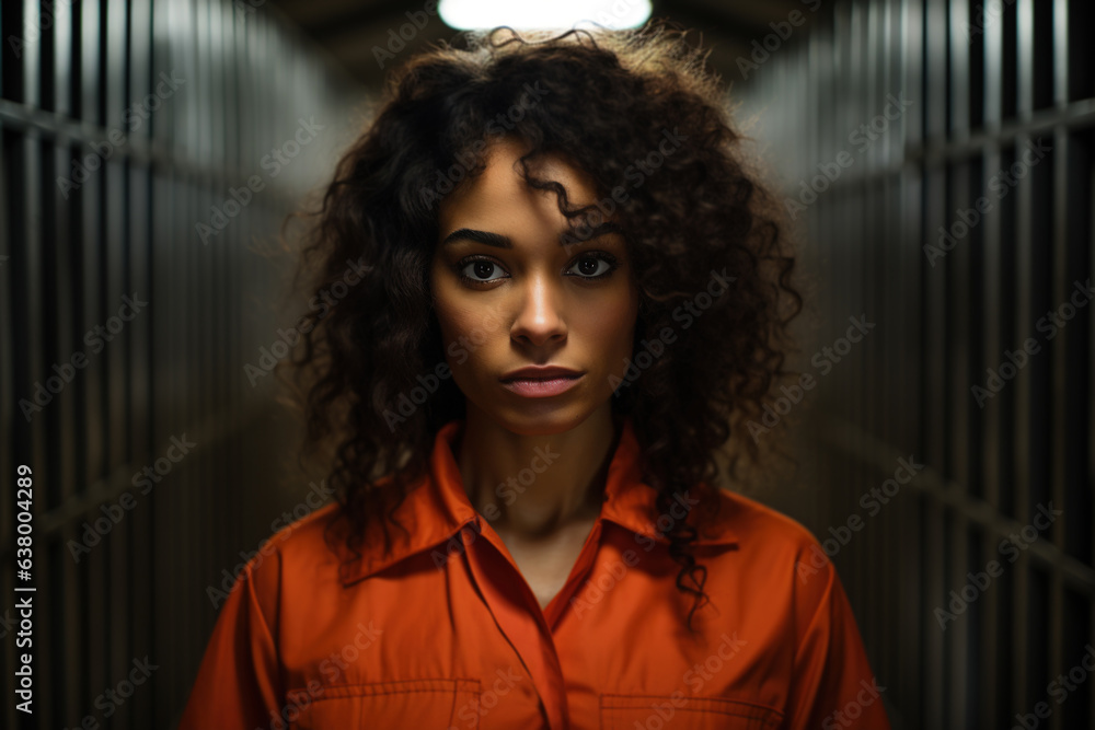 African American prisoner woman in jail, sad female convict in orange ...