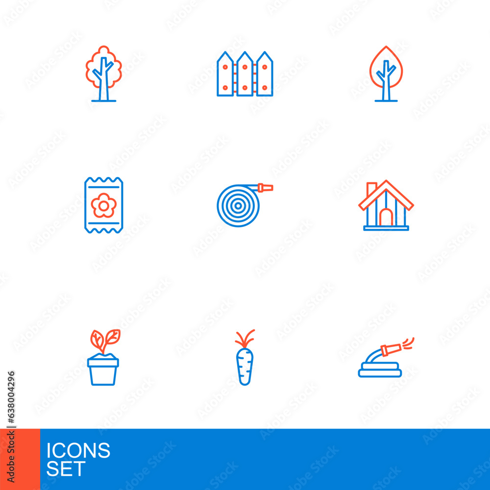 Set line Garden hose, Carrot, Plant in pot, Farm house, Pack full of seeds, Tree and fence wooden icon. Vector