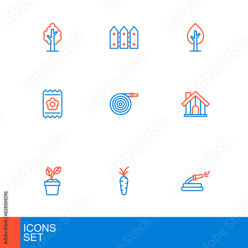 Set line Garden hose, Carrot, Plant in pot, Farm house, Pack full of seeds, Tree and fence wooden icon. Vector