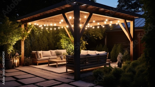 A pergola surrounded by greenery, gravel on the ground, simple patio furniture, string lights, night. Generative AI