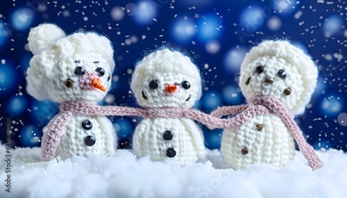 Little knitted snowman's on soft snow on blue background. Christmas, snowman, winter, holiday, snow, toy, decoration.