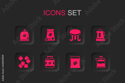 Set Coffee jar bottle, Bag coffee beans, Electric kettle, French press, table and Sugar cubes icon. Vector