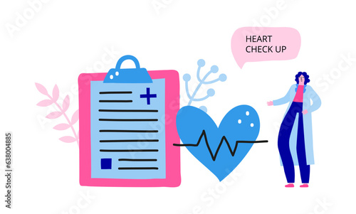 Horizontal banner with big blank clipboard, pulse, speech bubble, woman doctor, leaves.