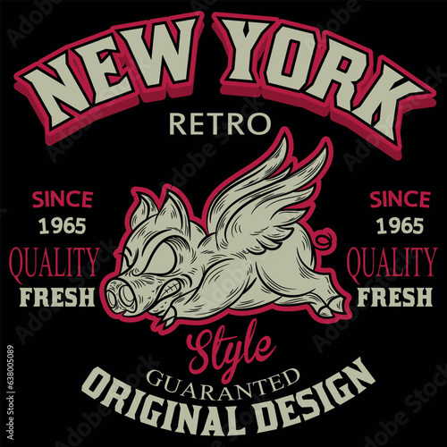 Illustration bike motorcycle with ping and wings, Since 1965 and Patchwork emblem crest text New York retro Original Design Fresh. tattoo style