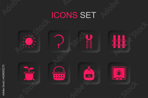 Set Wicker basket, Sickle, Sun, Pack full of seeds, Garden fence wooden, Colorado beetle, Gardening scissors and Plant pot icon. Vector