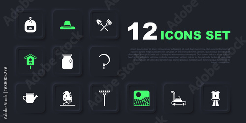 Set Lawn mower, Water tower, Glass jar with screw-cap, Agriculture wheat field farm, Bird house, Fruit tree, Farmer worker hat and Garden rake icon. Vector