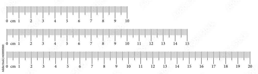 Collection measuring charts with 10,15, 20 centimeters. Length measurement math, distance, height, sewing tools. Set of templates rulers scale with numbers. Eps. Collection measuring charts with 10,15, 20 centimeters. Length measurement math, distance, height, sewing tools. Set of templates rulers scale with numbers. Eps.