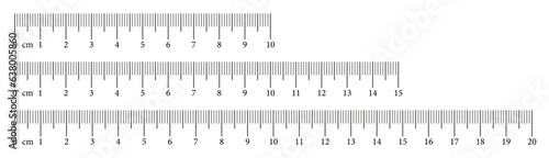 Collection measuring charts with 10,15, 20 centimeters. Length measurement math, distance, height, sewing tools. Set of templates rulers scale with numbers. Eps.