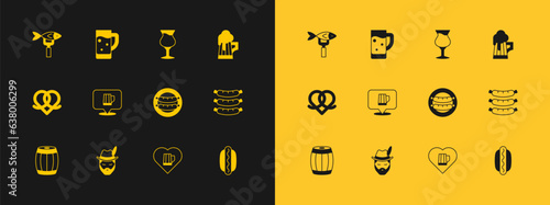 Set Wooden beer mug, Oktoberfest man, Sausage, Heart with glass of, Glass, Dried fish and icon. Vector