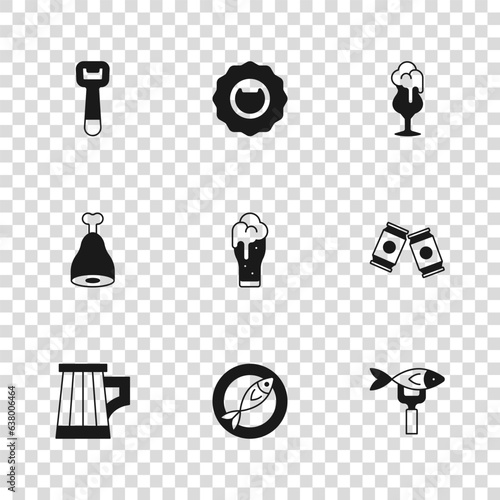 Set Dried fish, Beer can, Glass of beer, Bottle opener, and Chicken leg icon. Vector
