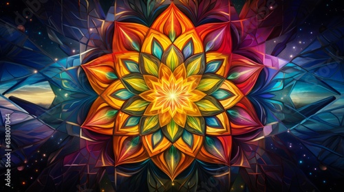 Hypnotic fractal mandala pattern in colorful neon colors as background illustration