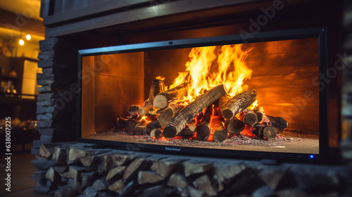 Fireplace and burning firewood. Traditional heating