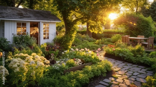 A cozy edible garden  cottage style garden in a small garden  white brick house  backyard  golden hour. Generative AI