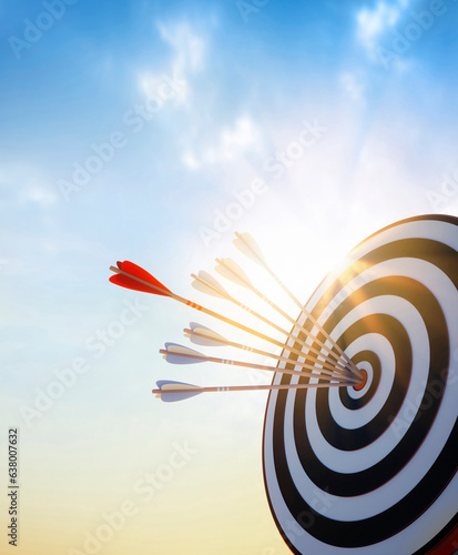 Target board with red and white arrows at sunset - 3D illustration	
