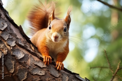 Small furry squirrel sitting on branch, bushy tail, isolated on green background.