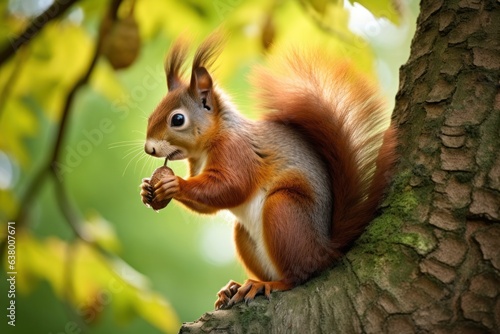 Squirrel munching acorn on tree branch.