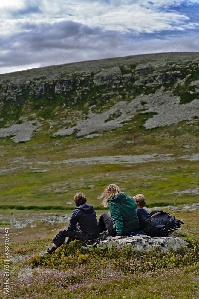 Fototapeta premium Single mother sitting with her children on a rock enjoying the mountain cliff view in tundra landscape of Sweden. Healthy lifestyle family in nature travel tourism concept
