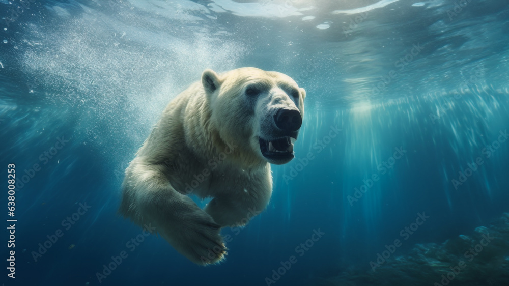 Magnificent polar bear gracefully swims in the underwater marine habitat.