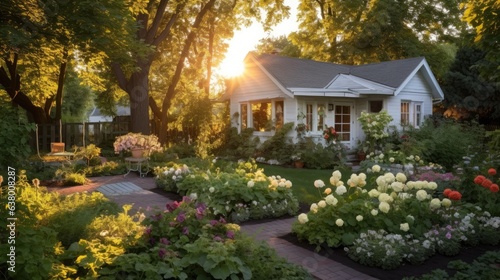 A cozy edible garden, cottage style garden in a small garden, white brick house, backyard, golden hour. Generative AI