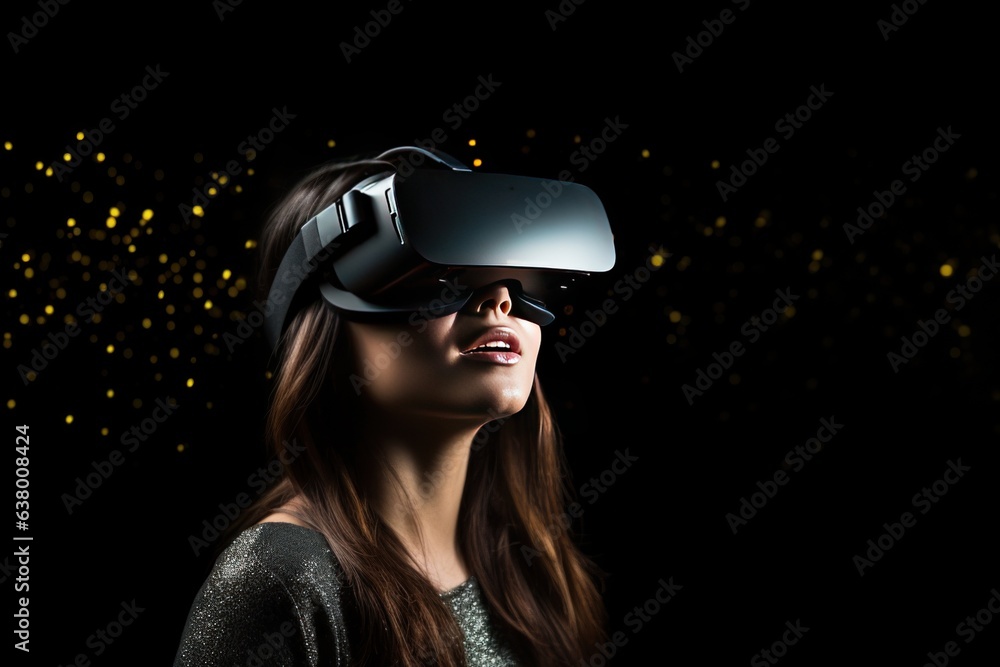 Pretty young woman with VR glasses on dark background Pretty young woman with VR glasses on dark background