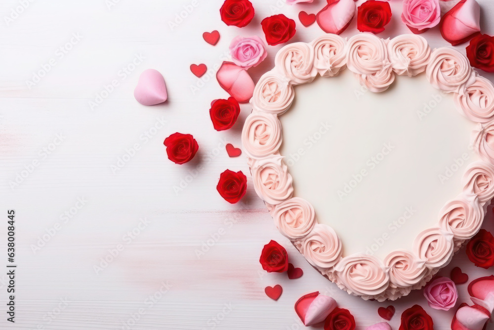 Obraz premium Cute birthday cake pink color with roses and hearts, Sweet cake for a surprise birthday, mother's Day, Valentine's Day