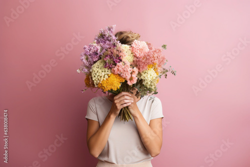 Wallpaper Mural portrait of a young woman hiding behind a lush bouquet of different flowers. the girl holds buds and flowers in hands. Torontodigital.ca