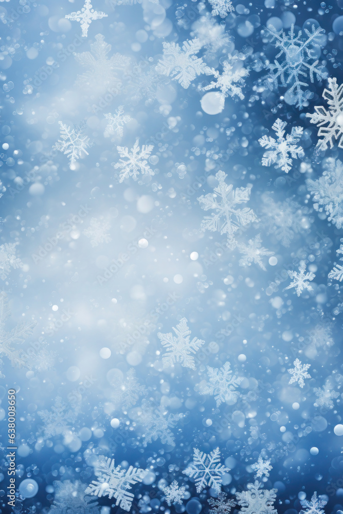 Magical snow flakes backdrop. Winter texture on a blue background. New Year's and Christmas.