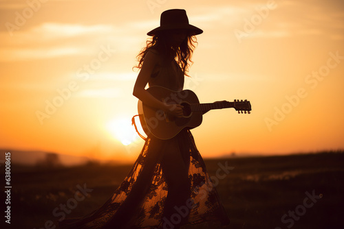 Wallpaper Mural silhouette of a girl with a guitar on the background of a sunset in a field. young hippie woman in a hat. Torontodigital.ca