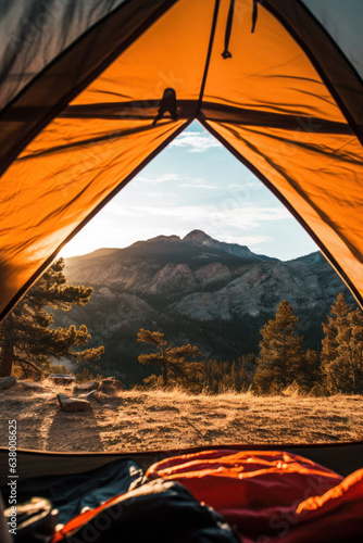 View from inside a tent to the mountains valley with glacier landscape, pov view trekking. hiking, trekking and sports.